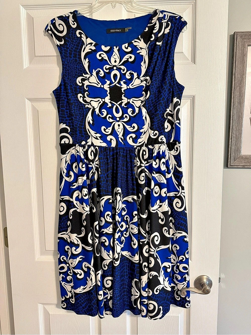 Ellen Tracy Abstract Print Midi Dress Blue & White Size 14